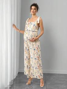 SHEIN Bộ áo liền quần bầu in họa tiết, có thể điều chỉnh độ dài, kiểu dáng thường ngày. - Màu be - Xem 4