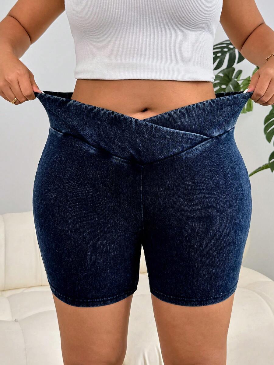 Quần short denim dáng rộng, cạp lệch, đa năng, thích hợp mặc hàng ngày dành cho nữ cỡ lớn. - Màu xanh lam - Xem 1