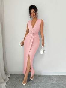 Rafferiza Elegante y grácil vestido sexy con cuello en V, cintura fruncida y abertura lateral, color azul claro, para primavera/verano - Rosa Pálido - Ver 6
