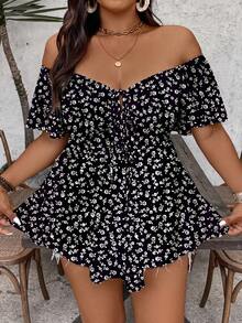 SHEIN VCAY Áo thun trễ vai gợi cảm in hoa thanh lịch dành cho nữ cỡ lớn - Nhiều màu - Xem 5