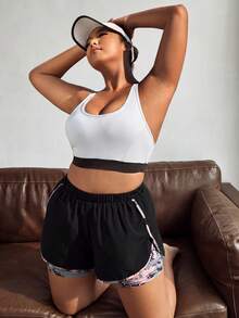 Maweii Short deportivo de 2 en 1 con estampado de camuflaje y short-sudadera talla grande - Negro - Ver 6