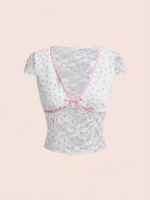 Sweetness Romantic Sexy Girl's Sweet White Floral Lace V-Neck Cap Sleeve T-Shirt For Women Golf Summer - White - View 1