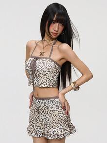 Rina Fox 女士豹纹露脐吊带上衣和荷叶边迷你裙两件套 - 彩色 - 查看 1