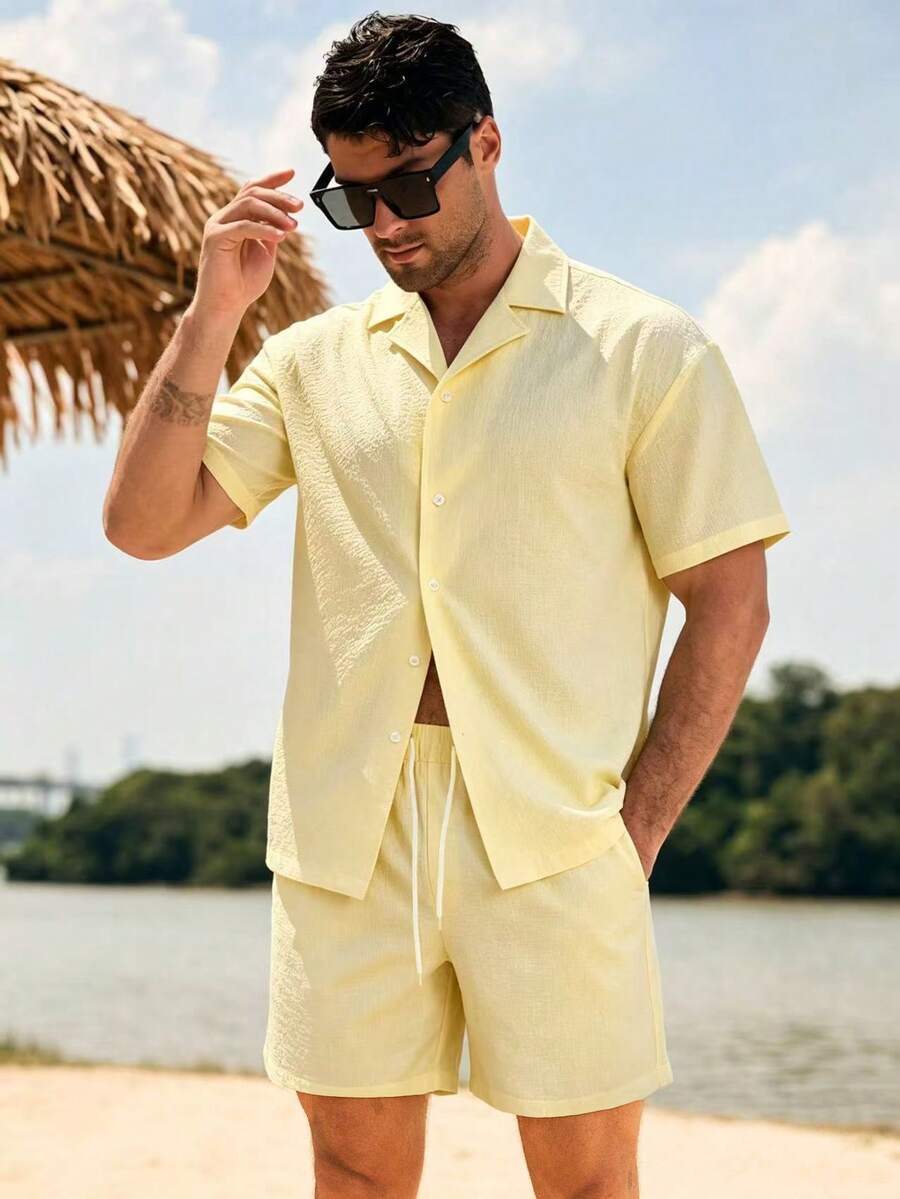CoralVoy Men's Solid Color Shirt And Shorts Beach Set, Holiday - Yellow - View 1