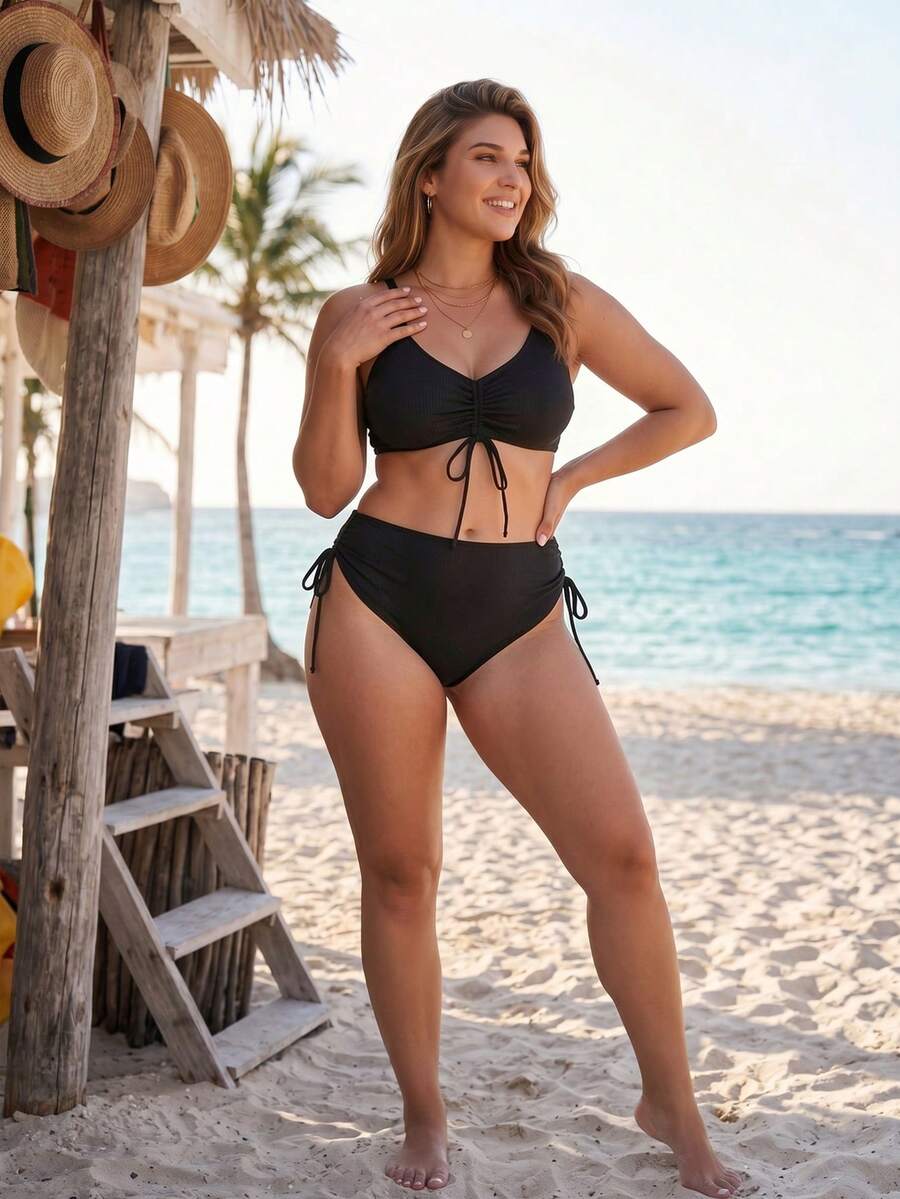 Swim Lushoire Plus Size Women Summer Beach Solid Color Bikini And Triangle Panty Swimwear Set - Blue - View 1