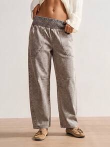 Bohemela Pantalones sueltos de cintura baja de unicolor tejidos, estilo bohemio de otoño/invierno para mujer - Caqui - Ver 3