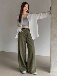 Dazy-Less Women's Loose Fit Distressed Military Green Casual Jeans, Suitable For Spring & Summer - Army Green - View 4