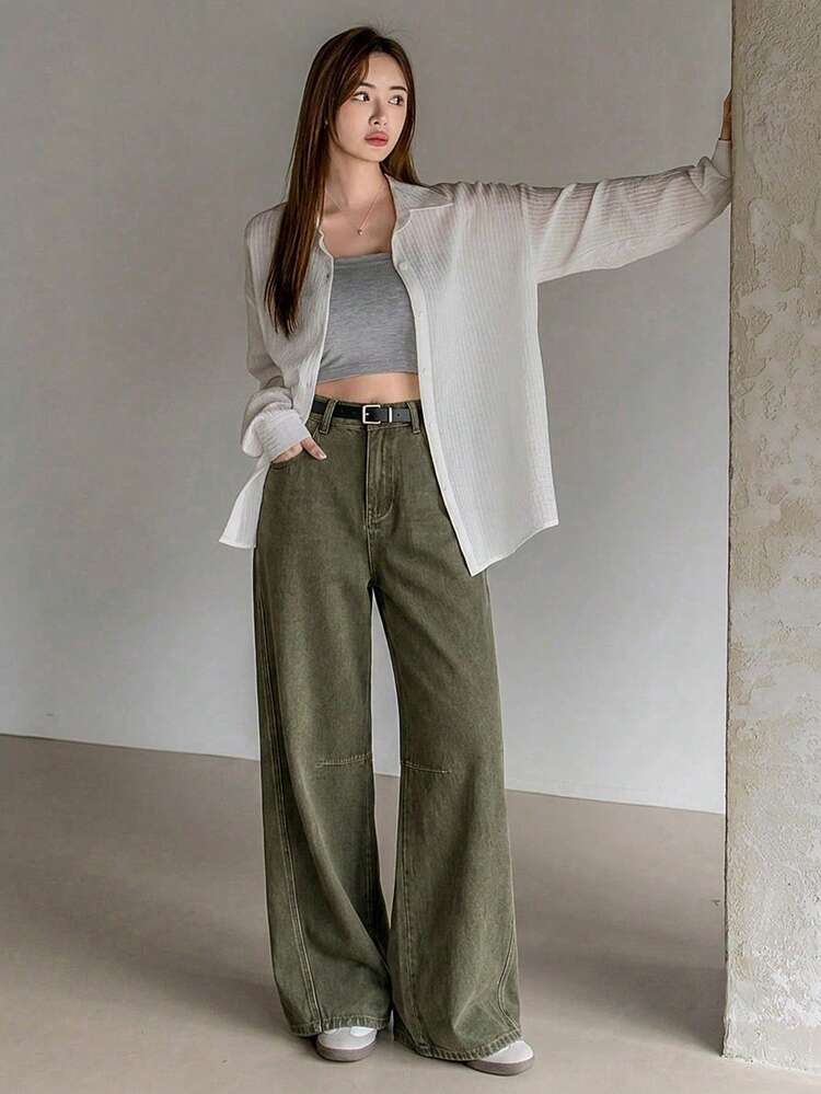 Women's Loose Fit Distressed Military Green Casual Jeans, Suitable For Spring & Summer