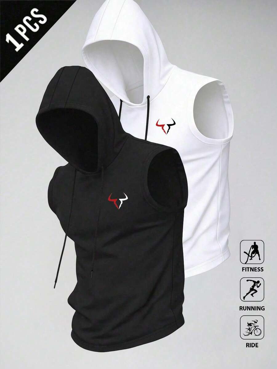 Manfinity Sport Corelite 男士极简印花无袖连帽运动背心 - 黑色 - 查看 1