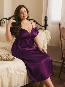 Côtesoire Elegant Romantic French Charm Lace Patchwork V-Neck Spaghetti Strap Off-Shoulder Comfortable Loose Satin Ruched Plus Size Nightgown, Purple - Purple - View 1