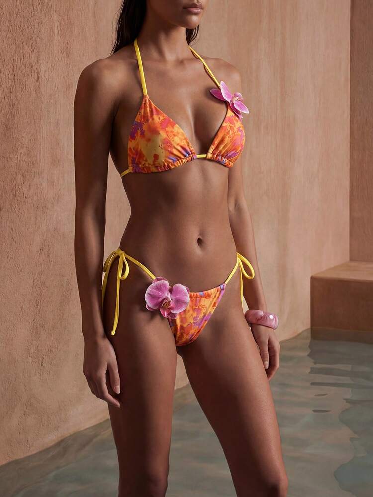 Women's Vacation Beach Tie-Dye Printed 3D Floral Decor Swimwear Set