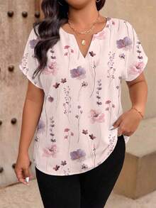 EMERY ROSE Random Geometric Pattern Plus Size Women's Shirt Office Pink Floral Summer Elegant - Multicolor - View 3