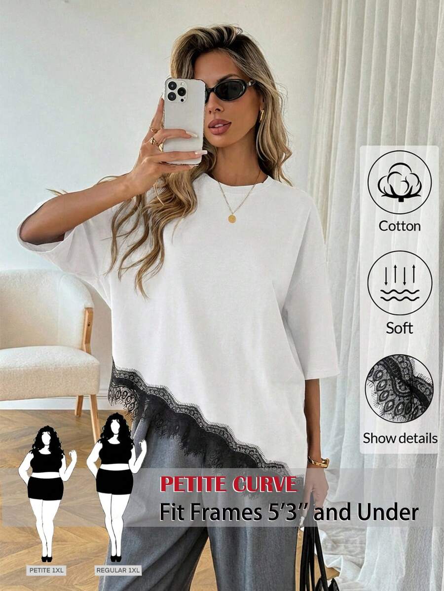 SHEIN PETITE CURVE 大码夏季休闲撞色蕾丝拼接不对称下摆T恤 - 黑與白 - 查看 1