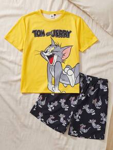 TOM & JERRY X SHEIN 男士可爱舒适卡通印花圆领短袖上衣和休闲短裤睡衣套装 - 黃色 - 查看 1