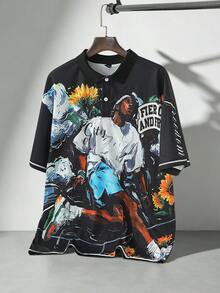 ROMWE MEN Prep Men's Street Figure Print Polo Shirt, Suitable For Spring And Summer - Black - View 7