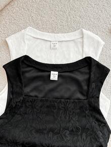 Bộ 2 món áo croptop không tay màu đen trắng thanh lịch và ngọt ngào, chất liệu ren dệt kim, có phần eo xếp ly, dành cho các cô gái tuổi teen. - Đen và trắng - Xem 4