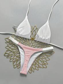 Swim Vcay 女士两件套贝壳装饰系带露背比基尼套装，撞色设计，海滩度假 - 粉色 - 查看 2