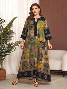 Lacomfia Casual Floral Retro Print 3/4 Sleeve Plus Size Dress, Suitable For All Occasions In Spring And Summer - Multicolor - View 1
