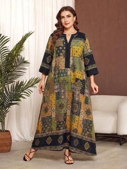 Lacomfia Đầm cỡ lớn tay lửng in họa tiết hoa retro, kiểu dáng thường ngày, phù hợp cho mọi dịp vào mùa xuân và mùa hè.
