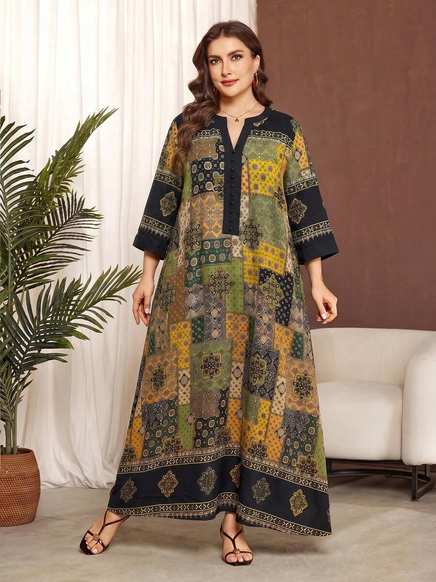 Lacomfia Casual Floral Retro Print 3/4 Sleeve Plus Size Dress, Suitable For All Occasions In Spring And Summer - Multicolor - View 1