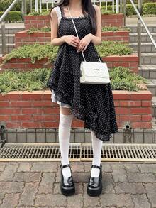 FRIFUL Women's Summer Casual Polka Dot Print Mesh Patchwork Asymmetric Hem Camisole - Black - View 7
