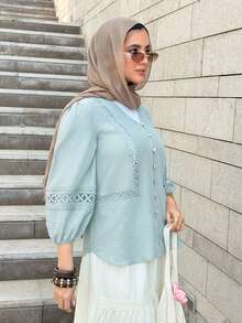 Mulvari 女士度假时尚镂空珍珠纽扣衬衫 - 綠色 - 查看 6