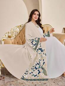 Al Najma Áo Abaya dáng rộng in hoa dành cho nữ, thích hợp mặc đi dự tiệc và dã ngoại. - trắng - Xem 7