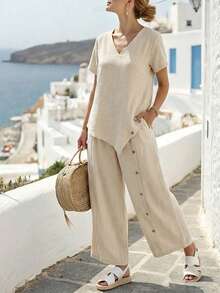LanaWest Women's Summer Khaki V-Neck Short Sleeve Asymmetric Hem Wooden Button Shirt + Elastic Waist Pockets Wooden Button Loose Wide Leg Pants Two Pieces Casual Vacation Set - Khaki - View 8