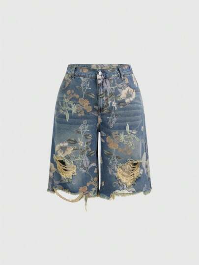 ROMWE Fairycore Vintage Floral Print Washed Women Loose Wide Leg Jeans, Cropped