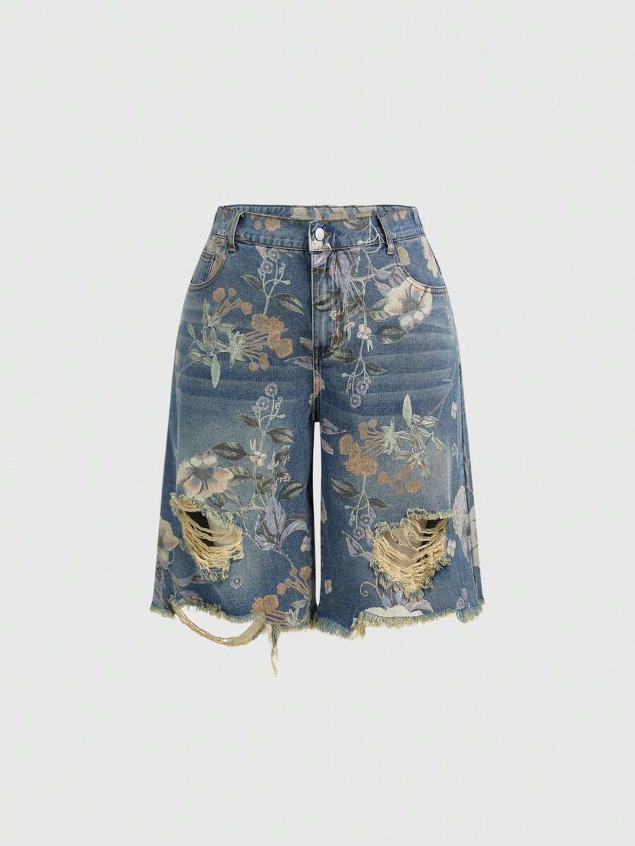 ROMWE Fairycore Quần jeans nữ ống rộng dáng suông, in họa tiết hoa cổ điển, đã qua xử lý giặt, dáng lửng. - Màu xanh lam - Xem 1
