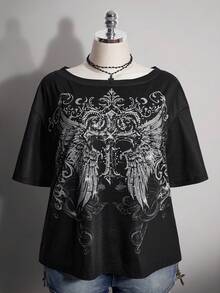 SHEIN ICON 大码女式哥特十字架图案T恤 - 黑色 - 查看 6