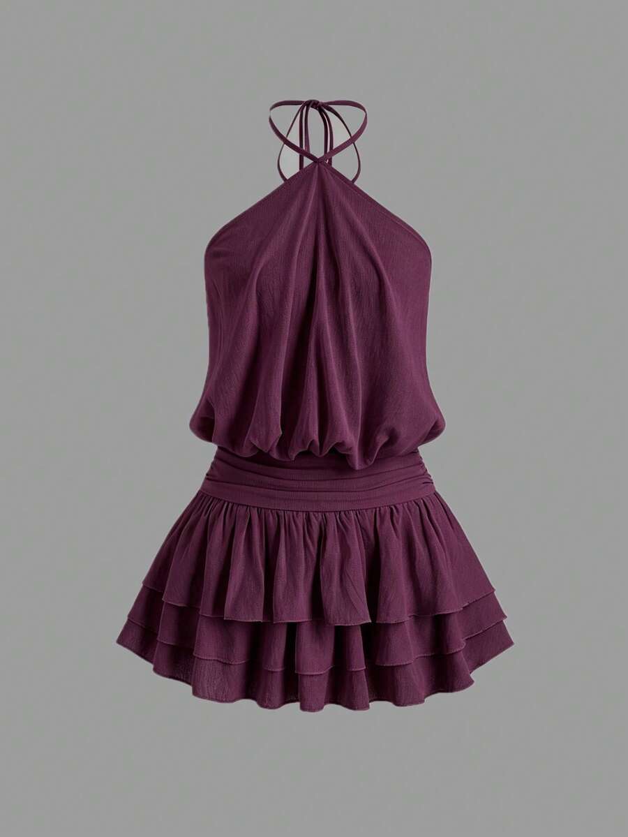 Sweetra Pink Spicy Sexy Street Style Backless Mini Dress, Halter Neck, Suitable For Dates, Vacation, Summer - Burgundy - View 1