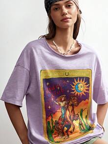 Bohemela BOHO Street Wear Western Cowboy Print Casual Solid Color Knit Round Neck Short Sleeve Loose T-Shirt For Women, Summer Top Everyday Lavender - Mauve Purple - View 3