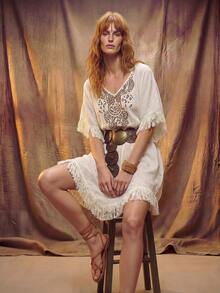 Women's Fashion Versatile Vacation Style Printed Tassel Hem Dress - Apricot - View 4