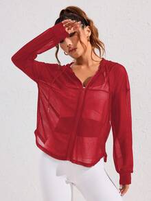 SHEIN Dewbera Women's Casual Sport Style Plain Zip Up Drawstring Hoodie Mesh See-Through Jacket - Red - View 5