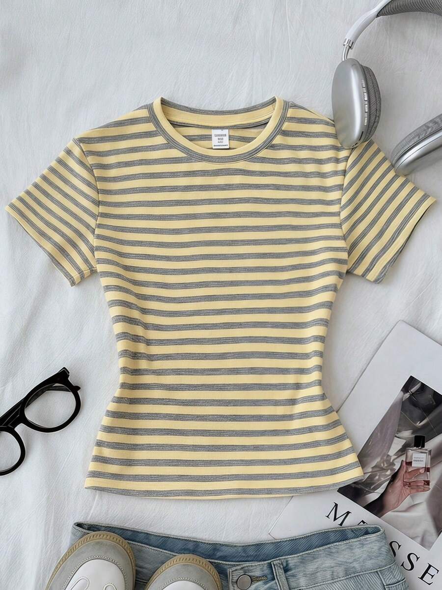 Tween Girls Kids T-Shirts Summer New Casual Minimalist Striped Slim Fit Short Sleeve T-Shirt - Multicolor - View 1