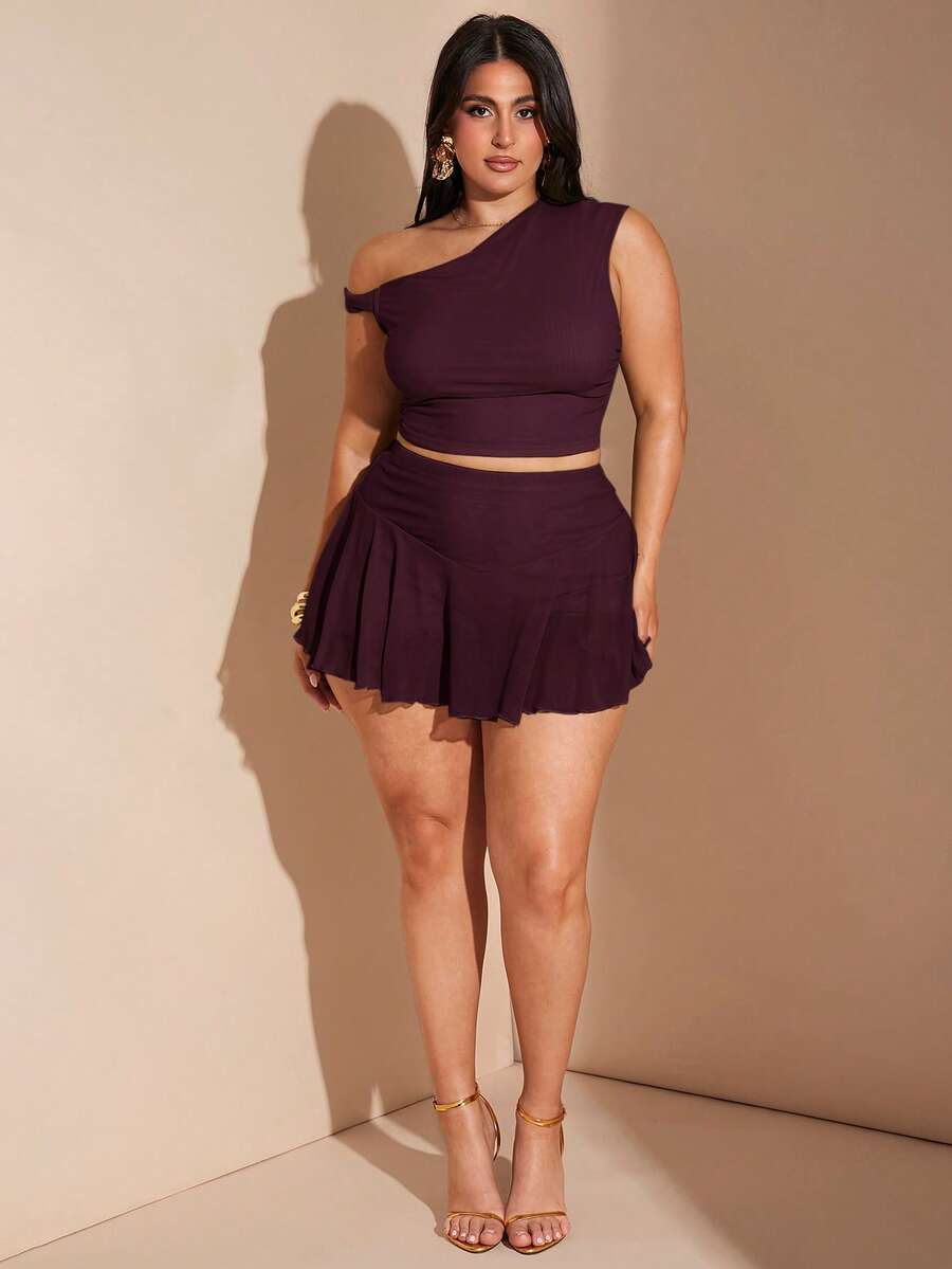 SHEIN BAE Set de 2 piezas para mujer de talla grande con top asimétrico con cuello acanalado en verde oliva y falda ajustado con volantes asimétricos, conjunto de vacaciones - Granate - Ver 1
