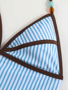 Bonvoyette Striped Print Contrast Color Spaghetti Strap One-Piece Swimsuit With Striped Maxi Skirt 2 Pieces Set - Blue - View 7