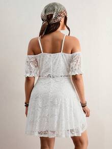 Freevana BOHO Chic White Lace Cutout Dress – Spaghetti Strap V-Neck Off-Shoulder Convertible, Puff Sleeve Ruffle Cuff, Sheer Waist Panel, Fit & Flare A-Line Mini Dress, Summer Vacation Beach Photo Wedding Guest Date Night Women's Dress - White - View 2