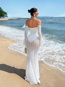 SHEIN SXY Đầm ren trắng trễ vai tay bèo nhún cho kỳ nghỉ - trắng - Xem 4