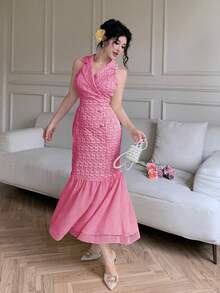 Modelyn Elegant Blazer Collar Double-Breasted Chiffon Patchwork Jacquard Yellow Dress - Hot Pink - View 5