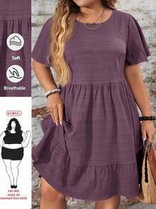 SHEIN CURVE+ Plus Size Women's Solid Color Round Neck Short Sleeve Ruffle Hem Casual Dress - Mauve Purple - View 1