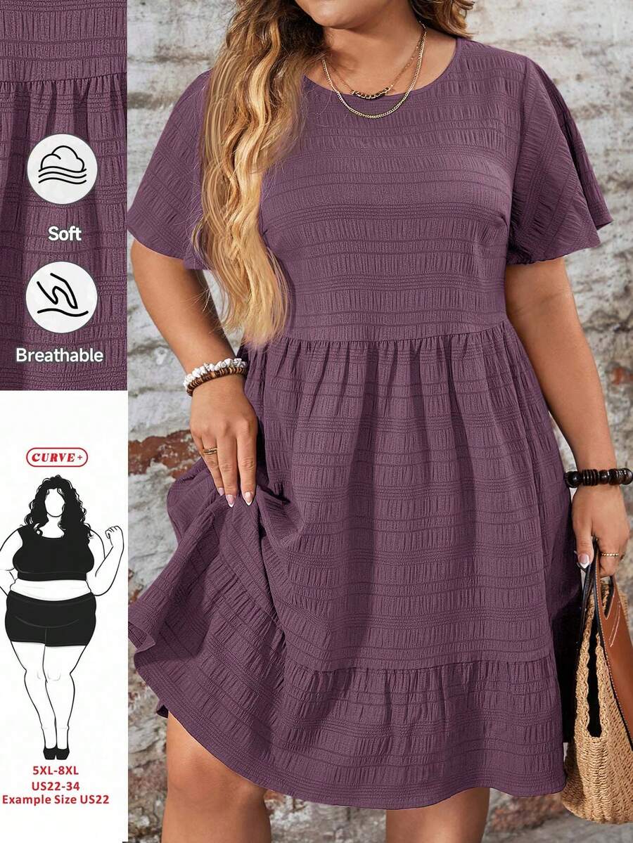 SHEIN CURVE+ Plus Size Women's Solid Color Round Neck Short Sleeve Ruffle Hem Casual Dress - Mauve Purple - View 1