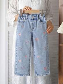SHEIN Vintaside Kids Quần jean denim xanh nhạt thêu hoa cho bé gái (size nhỏ), dáng ống rộng thoải mái, phong cách ngọt ngào và cổ điển. - Rửa nhẹ - Xem 2