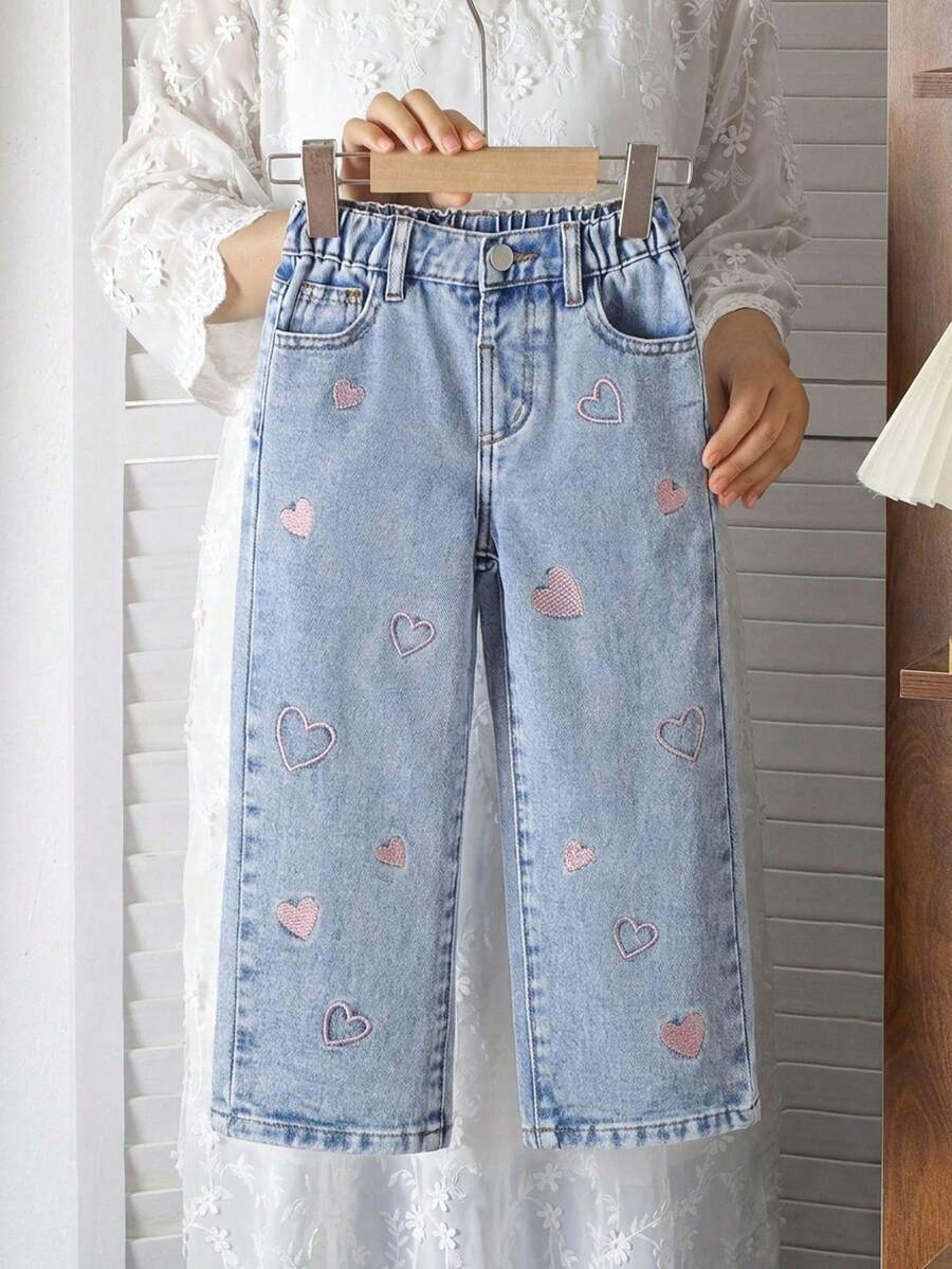 SHEIN Vintaside Kids Quần jean denim xanh nhạt thêu hoa cho bé gái (size nhỏ), dáng ống rộng thoải mái, phong cách ngọt ngào và cổ điển.