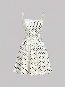 Skyraze Women's White With Black Polka Dots Lace Ruffle Strap Mini Dress,Modest Vintage Ruffled Hem Camisole,Y2K Flirty Summer Picnic Vacation Retro Dresses - Black and White - View 5