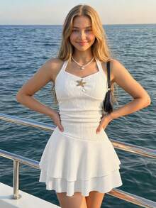 Sparklyn White Summer Vacation Holiday Textured Off-Shoulder Ruched Metallic Decor Layered Ruffle Hem Playful Mini Dress For Teenage Girls Spring/Summer Beach - White - View 2