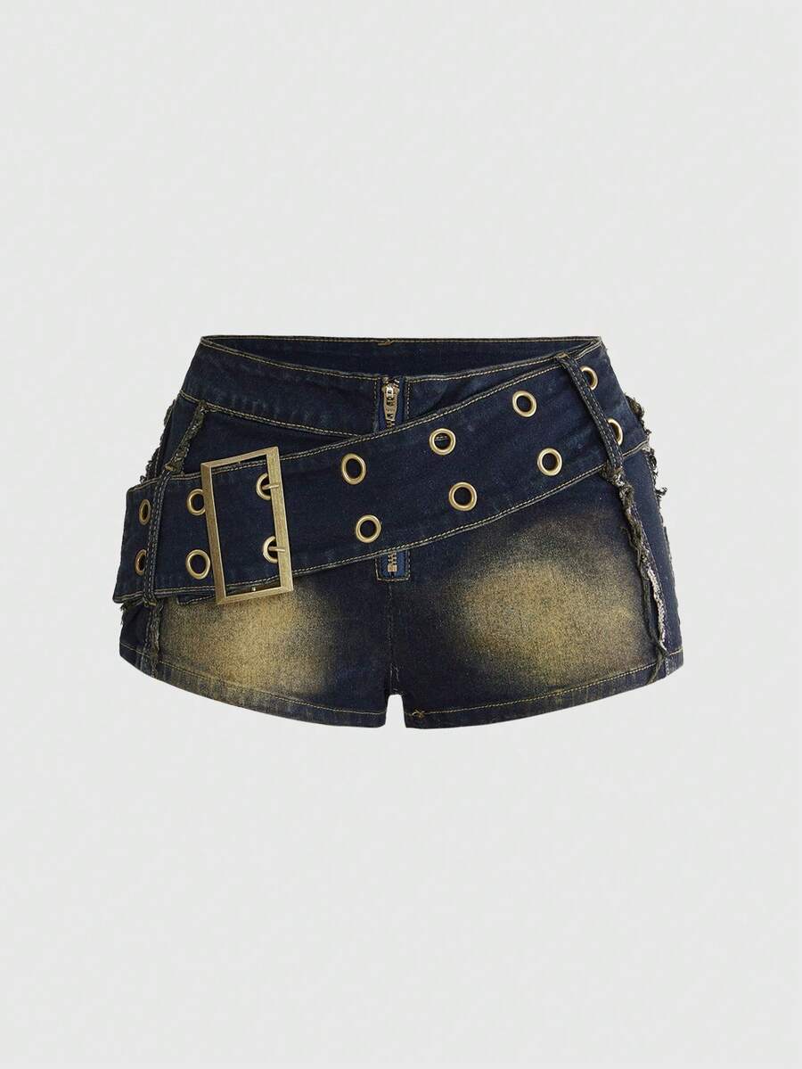 ROMWE Grunge Punk Vintage Denim Shorts With Oversized Belt, Colorblock Metal Accent, Sexy Niche Style - Blue - View 1