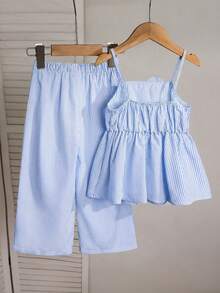 SHEIN 2件套女童梭织纯色条纹3D立体花卉吊带背心和长裤套装 - 藍白色 - 查看 2