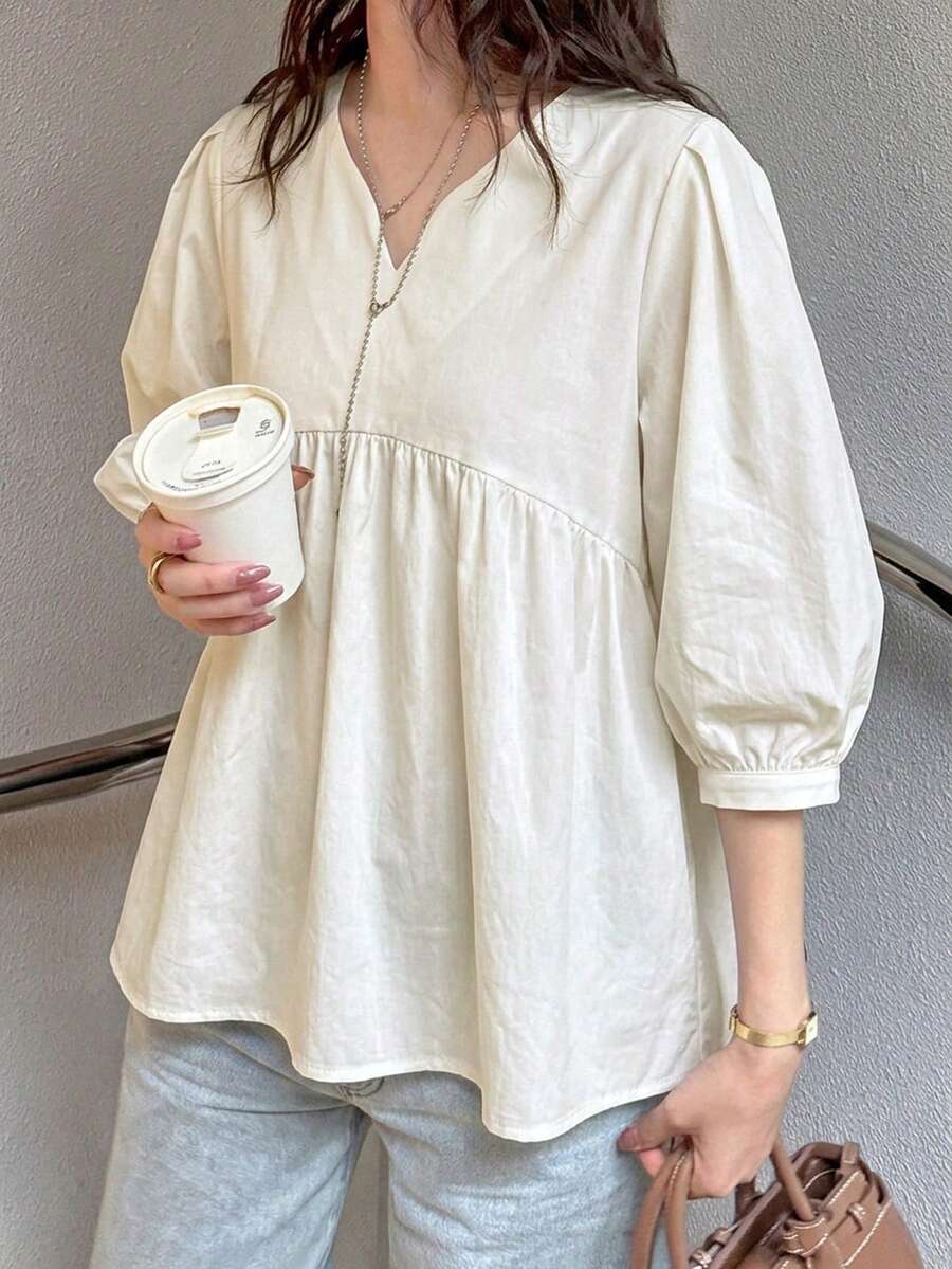 FRIFUL 女款黑色V領泡泡袖上衣，夏季服飾 - 白色 - 查看 1